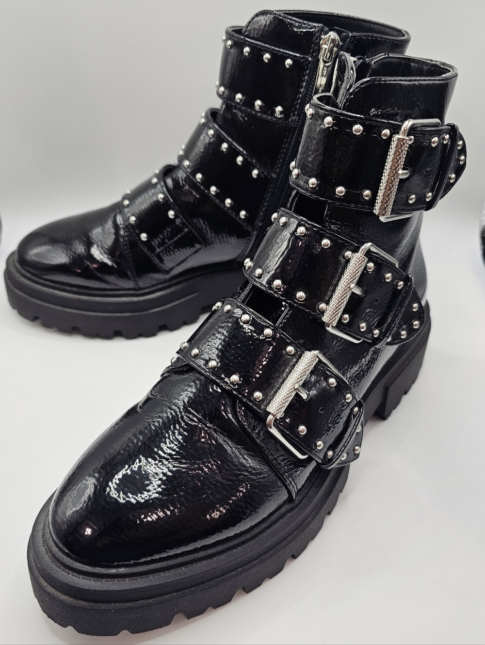 Steven New York Black Patent Studded Buckle Zipper Ankle Boots Sz 7 Alaine